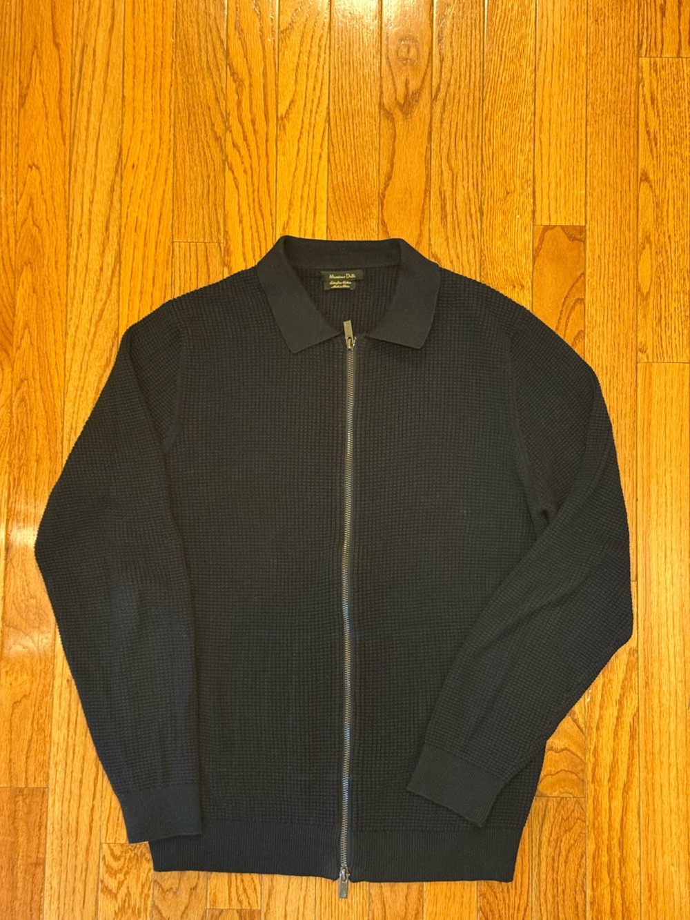 Massimo Dutti Men's Dark Navy Zip-Up Textured Knit Sweater
